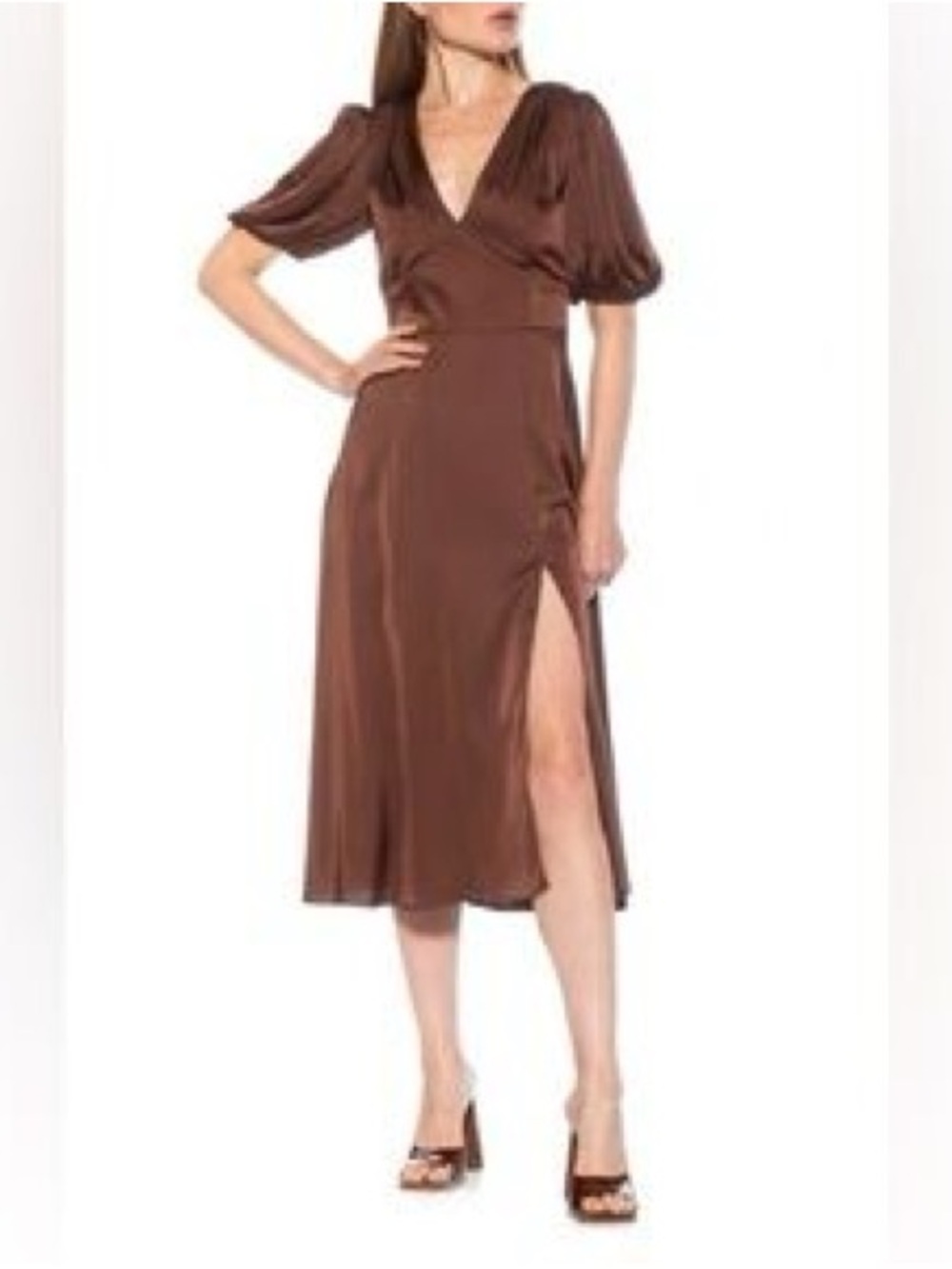 Alexia Admor Brown V-Neck Puff Sleeve Midi Dress with Side Slit
